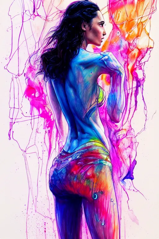 Image similar to gal gadot by agnes cecile enki bilal moebius, intricated details, 3 / 4 back view, full body portrait, extremely luminous bright design, pastel colours, drips, autumn lights