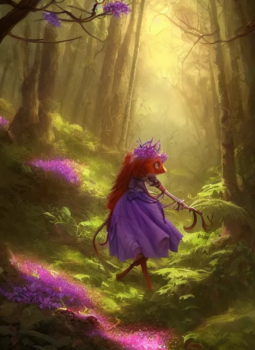 Image similar to Magical fox, sneaking in a forest, fantasy, painting, violet flowers, atmospheric, illustration, low angle, high quality, highly detailed, Marc Simonetti, Andreeva Katerina