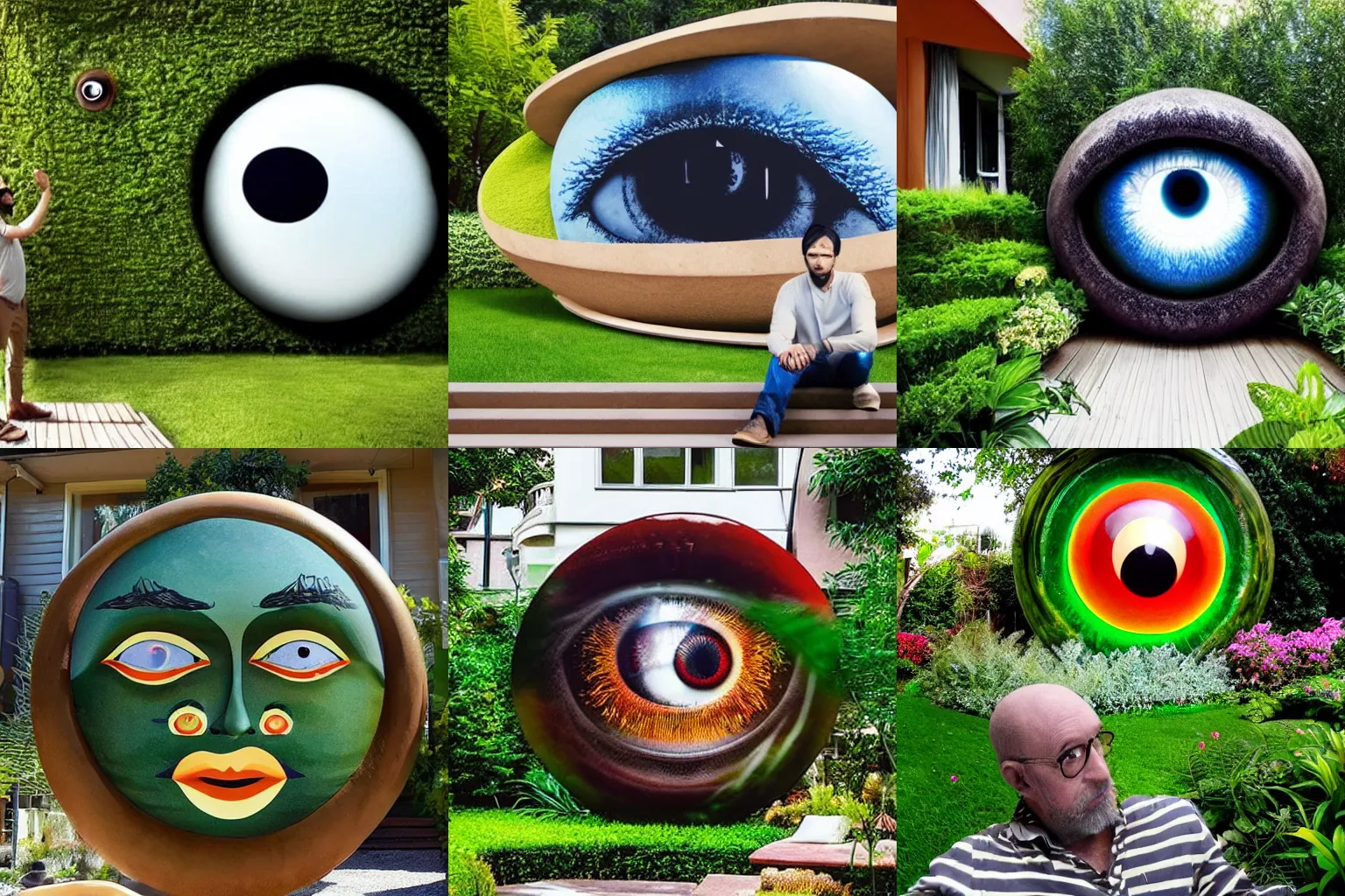 Prompt: A giant floating eye catching a man with its eyelids in a suburban house garden, dream ambience