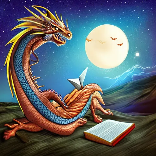 Image similar to dragon reading book under the stars, digital art