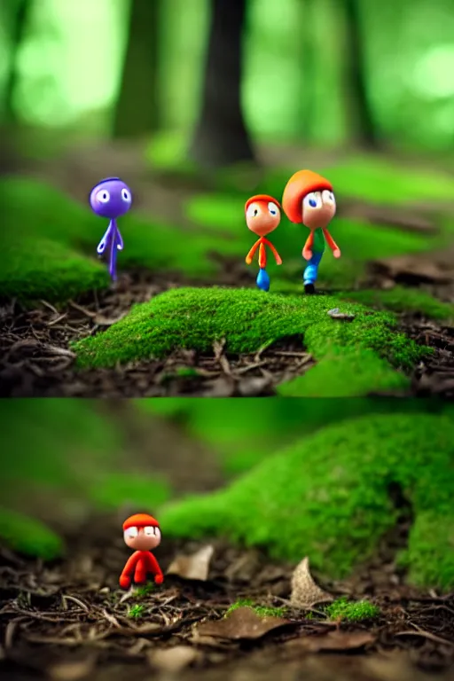 Prompt: claymation nintendo's pikmin on a forest floor, tilt shift photography