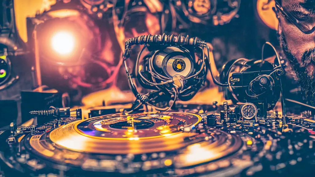 Image similar to a person wearing goggles and visor and headphones using a steampunk record player contraption, wires and tubes, turntablism dj scratching, intricate planetary gears, complex, cinematic, imax, sharp focus, iridescent, black light, fog machine, lasers