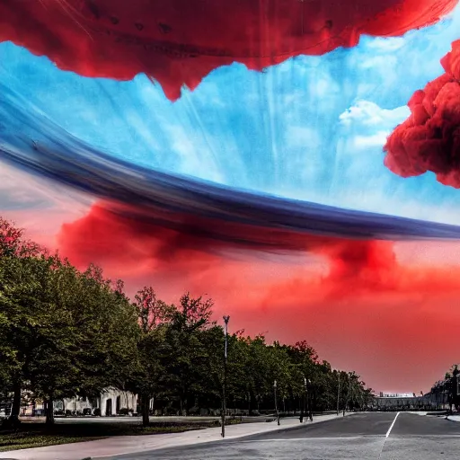 Image similar to dystopian, destroyed washington dc, real, blue sky, smoke, red clouds, detailed, award winning, masterpiece, photograph, cinematic, hyperrealism