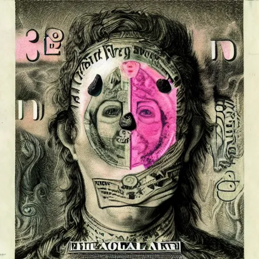 Image similar to post - punk new age album cover, asymmetrical design, dollar bank notes, capitalism, magic, apocalypse, psychedelic, black white pink, magic, giger h. r., giuseppe arcimboldo