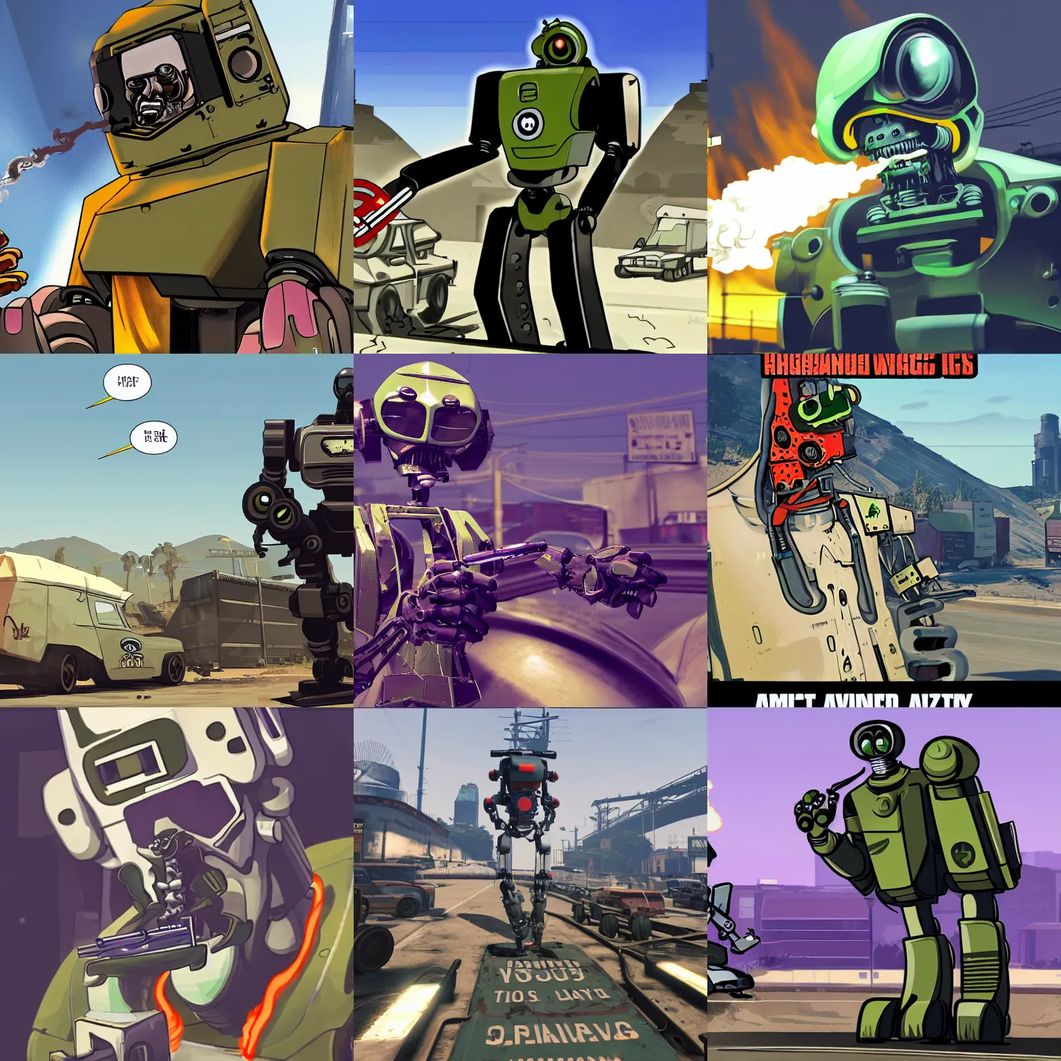 Prompt: mech robot character smoking a cannabis joint, propaganda gta 5 style, highly detailed, getting high