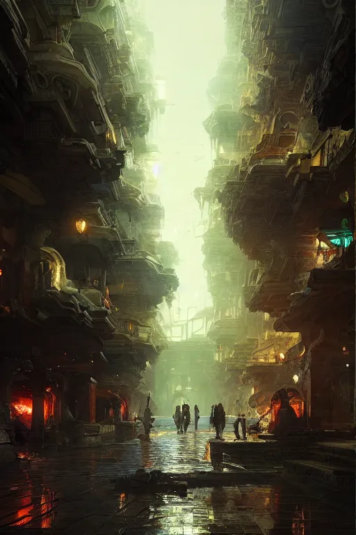 Image similar to inside the street of the city of atlantis, powerfull, intricate, elegant, volumetric lighting, digital painting, highly detailed, artstation, sharp focus, illustration, concept art, ruan jia, steve mccurry