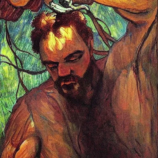 Image similar to Painting. A man with a large head and a small body is floating in the air, his arms and legs flailing. His clothes are tattered and he has a wild look in his eyes. by Louis Comfort Tiffany sad