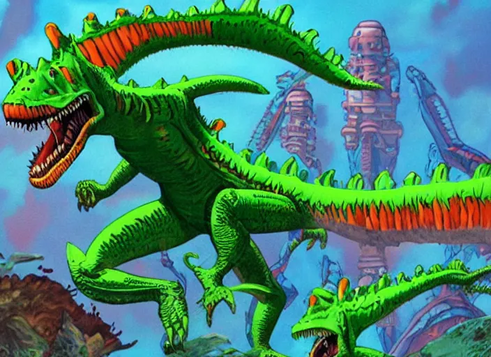 Image similar to Reptar vs. The Aliens, colorful kaiju film, green dinosaur monster with red-orange eyes and blue dorsal fins