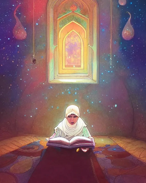 Image similar to bedouin child reading the quran inside of the mosque in the galaxy surrounded by nebula, highly detailed, gold filigree, romantic storybook fantasy, soft cinematic lighting, award, disney concept art watercolor illustration by mandy jurgens and alphonse mucha and alena aenami, pastel color palette, featured on artstation