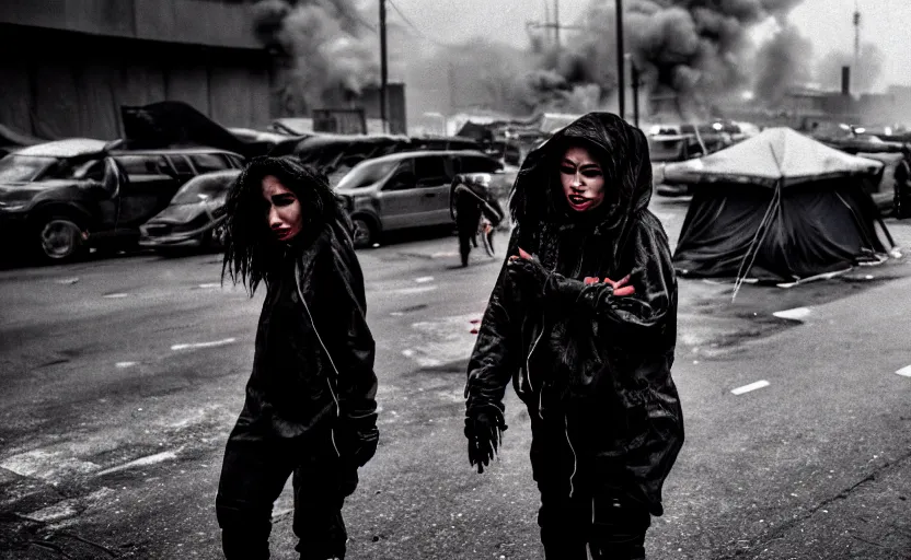 Image similar to Cinestill 50d candid photography of a city on fire, extreme wide shot of a poor techwear mixed woman wearing thick mascara and makeup crying outside of a futuristic city on fire, cyberpunk, tattoos, homeless tents on the side of the road, extreme long shot, desaturated, full shot, action shot, blurry, 4k, 8k, hd, full color