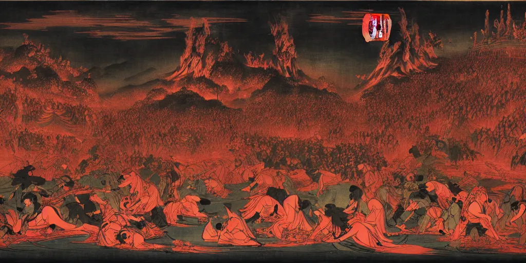 Image similar to Dante's Inferno, by Utagawa Kuniyoshi, dramatic lighting, high contrast colors, panoramic view, as trending on Artstation,