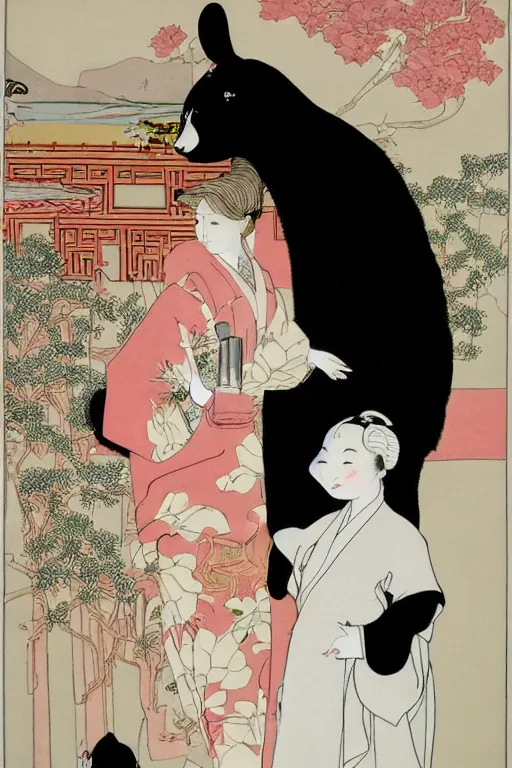 Prompt: portrait of a girl wearing a kimono giving a peach to a large anthropomorphic asian black bear, in the style of aubrey beardsley