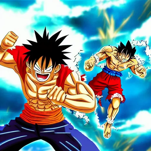 Image similar to luffy fighting goku, epic, awesome, spirit bomb, devil fruit, manga, battle