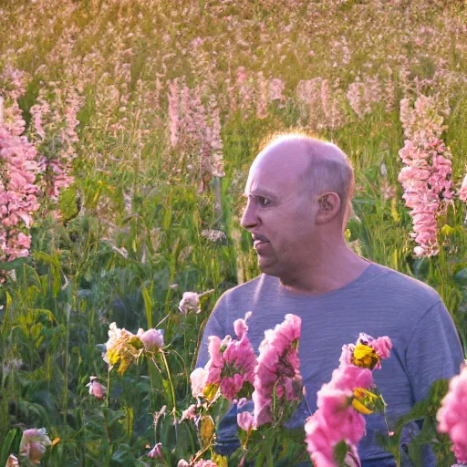 Image similar to a man is white and balding, and middle aged, and the other man is latino and skinny, together in a field of flowers at sunset, realistic, intricate, 4k