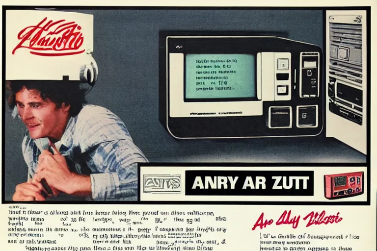 Image similar to a 1 9 8 5 electronics ad in the style of andy zito