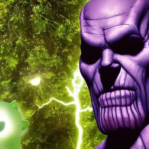 Prompt: thanos eating psilocybin mushrooms on the top of a tree glowing in florescent colors