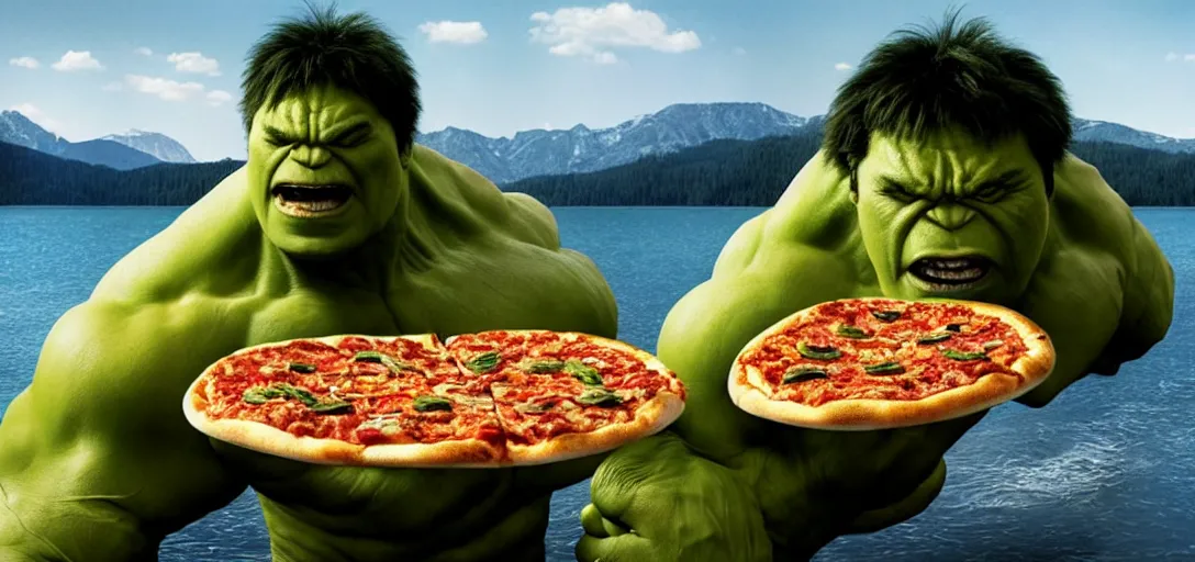 Image similar to a very high resolution image from a new movie. hulk eating pizza on a lake, photorealistic, photography, directed by wes anderson