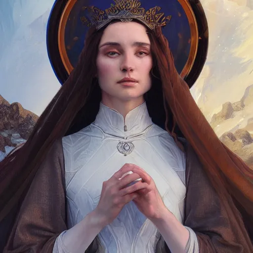 Image similar to Varda, queen of arda, on Mount Taniquetil in Valinor, elegant portrait, highly detailed, digital painting, artstation, concept art, sharp focus, illustration, art by artgerm and greg rutkowski and alphonse mucha