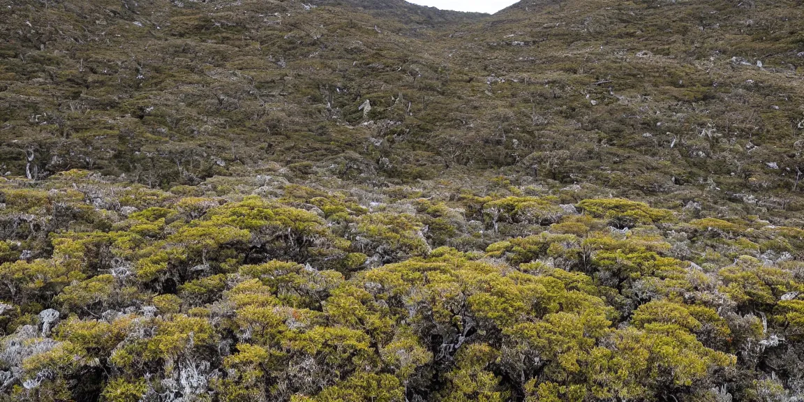 Image similar to Ground view of Rocky clearing in the Patagonian temperate forests. Magellanic, mountainous area. Rare flora, Nothofagus, a few twisted and bent trees. windy environment, shrubs, rocky and poorly drained. Crowberries. Overcast, cloudy. September 12th. Patagonian Chile and Argentina. Trending on Artstation, deviantart, worth1000. By Greg Rutkowski. National Geographic and iNaturalist HD photographs