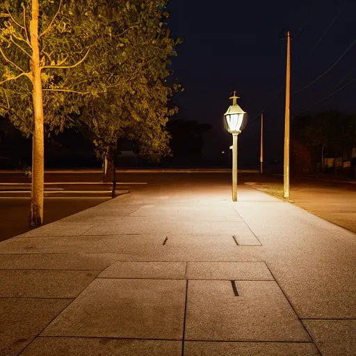 Image similar to lonely old lantern on empty modern street at night, photorealistic