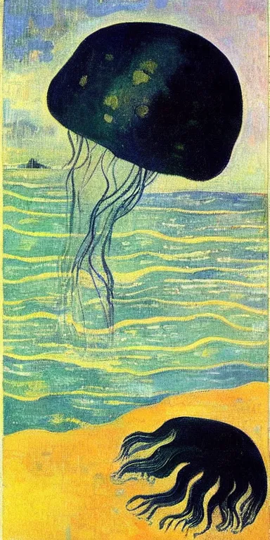 Prompt: black!! jellyfish in a vast ocean by paul gauguin, serene, calm, minimalist!!!