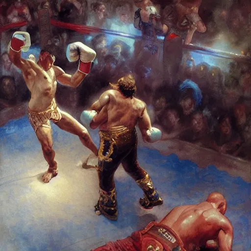 Image similar to a beautiful painting the grim reaoer fist - fighting satan in a boxing ring, rendered art, highly detailed painting by gaston bussiere, craig mullins, j. c. leyendecker 8 k, trending on artstation, art, fighting, watercolor