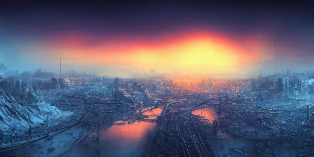 Prompt: nuclear winter, tokyo city, near future, fantasy, sci - fi, hyper realistic, serene, sunset.