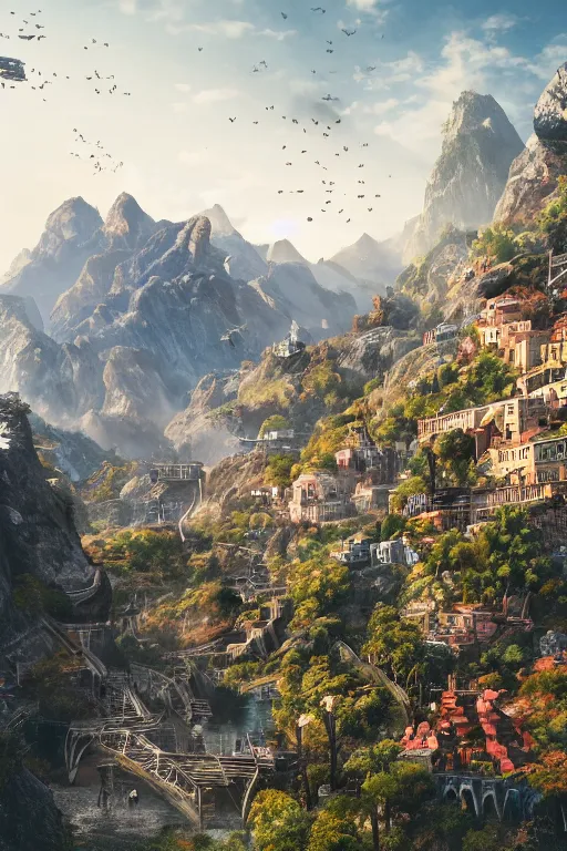 Prompt: a scenic view of a city build on and around a mountain, market and gardens, james paick, imax quality, cinematic photography, cinematic, ue 5, realistic, highly - detailed, sci - fi