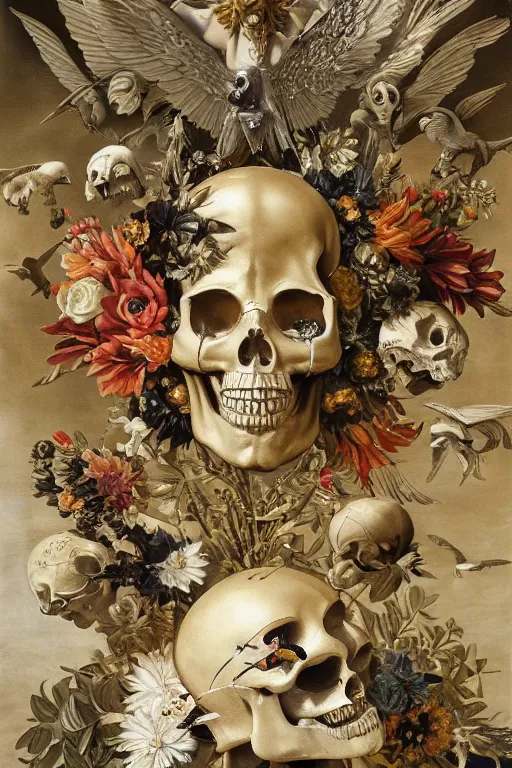 Prompt: A flying icarus reaching for the golden sun with a skull mask and golden wings as a Greek sculpture, quartz crystal skull, wreath of flowers and abstract eyes, bouquet of bones, many large flying monster eyes, silk, fabric, birds, flowers. baroque elements, human skull. full-length view. baroque element. intricate artwork by caravaggio. many many birds birds on background. Trending on artstation. halo. octane render, cinematic, hyper realism, octane render, 8k, depth of field, 3D