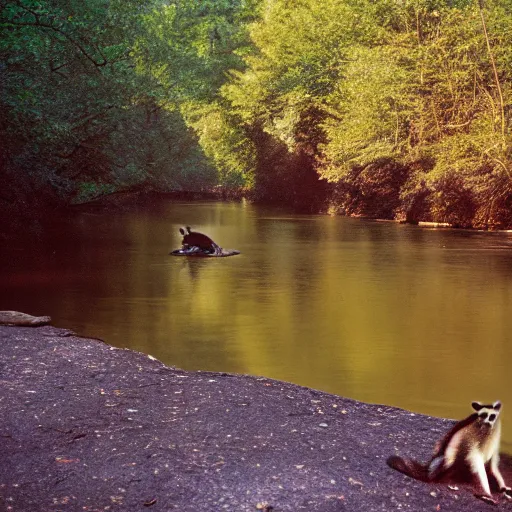 Image similar to cahaba river alabama, raccoon in foreground, kodak ektachrome e 1 0 0,