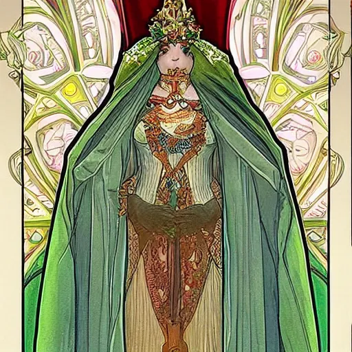 Image similar to president of belarus in beautiful dress. mucha style. epic composition. highly detailed.