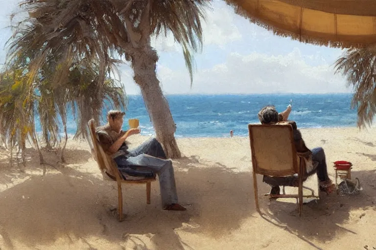 Prompt: a painting of a man sitting down and having a cup of tea in his house by the beach, by greg rutkowski, muted colors