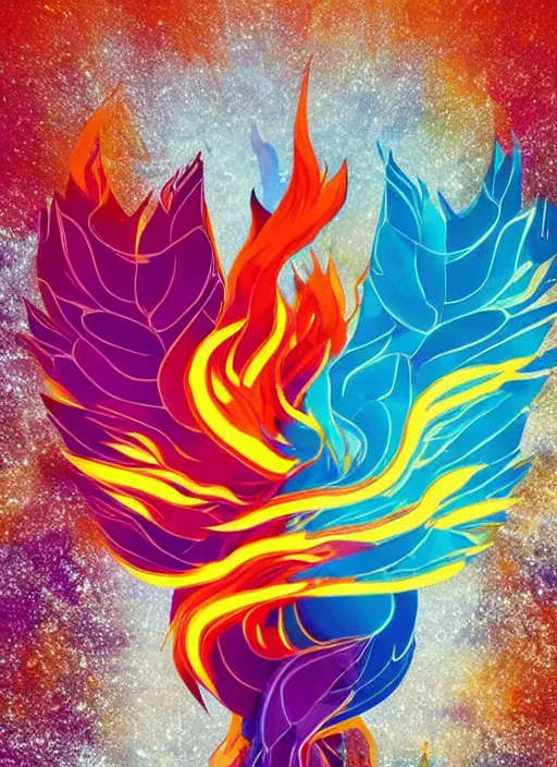 Image similar to white phoenix on salt crystals simple background simplified stylised poster art neat graphic design style holistic on orange and purple flames