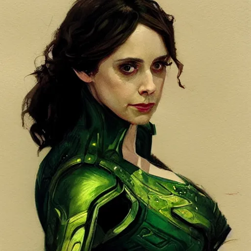 Image similar to alison brie as loki, intricate, elegant, highly detailed, greg manchess, mucha, liepke, ruan jia, jeffrey catherine jones, ridley scott