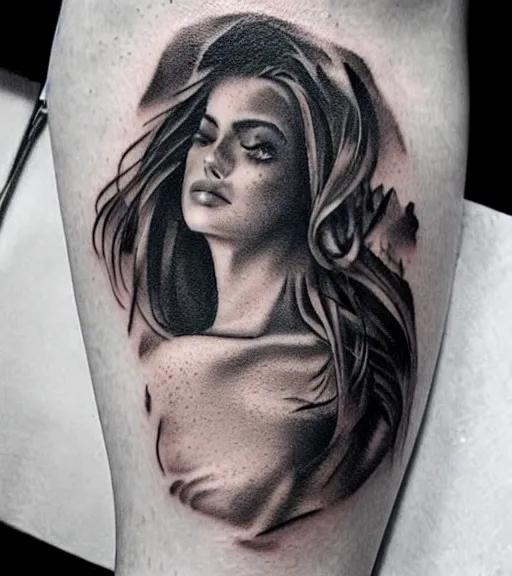 Image similar to tattoo design sketch of a beautiful woman face with a faded background of beautiful mountains and nature on her side, hyper - realistic, in the style of den yakovlev, amazing detail, black and white