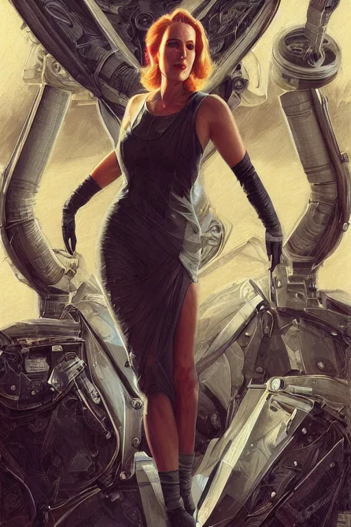 Image similar to young Gillian Anderson as a ruggedly beautiful retro SCI-FI heroine 1985 , intricate, elegant, highly detailed, centered, digital painting, artstation, concept art, smooth, sharp focus, illustration, art by artgerm and donato giancola and Joseph Christian Leyendecker, Ross Tran, WLOP