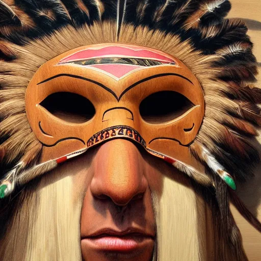 Prompt: painting portrait of a native american wearing a wooden mask, artstation, ultra detailed