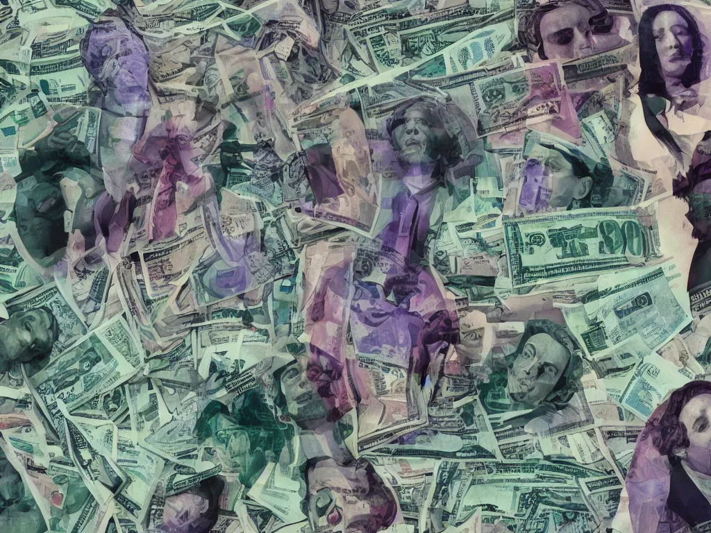 Prompt: vaporwave glitchy corrupt jpeg of corrupt businessmen bathing in money