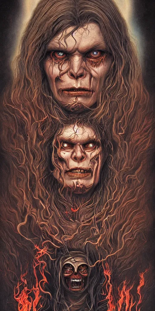 Image similar to giger doom demon portrait of a handsome satanic brown haired hippie with long hair and blue eyes, fire and flame, Pixar style, nightmare fuel, by Tristan Eaton Stanley Artgerm and Tom Bagshaw.