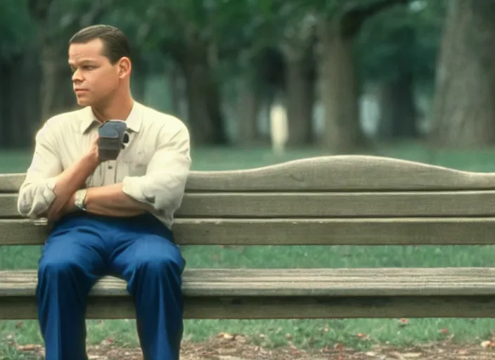 Image similar to film still of matt damon as forrest gump sitting on a bench in forrest gump, 4 k