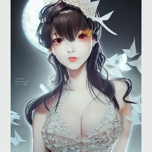 Prompt: the portrait of an absurdly beautiful, elegant, fashionable gravure idol made of white paper origami cranes, hyperrealistic anime illustration by kim jung gi, iralki nadar, extremely detailed intricate linework, reflective eyes, smooth, super sharp focus, bright colors, high contrast, matte, octopath traveler, unreal engine 5 highly rendered, global illumination, radiant light 2