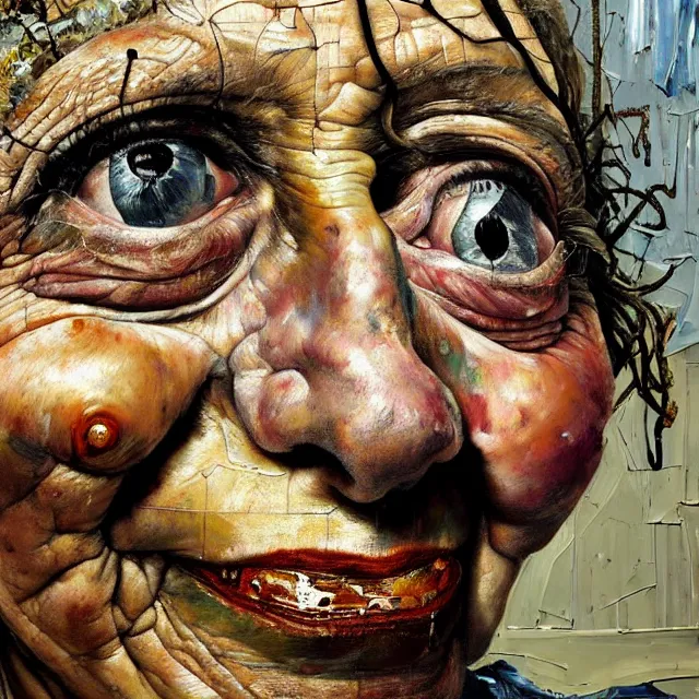 Prompt: an extreme close up portrait a very ordinary old woman with an happy expression, front angle, by Lucian Freud and Jenny Saville and Anselm Kiefer, oil painting, rust, Scaffolding, rusted metal and sunflowers, iron cladding, decay, mixed media, textured, anatomically correct, beautiful perfect face, visible brushstrokes, sharp focus, Highly Detailed, Cinematic Lighting, 8k, HD