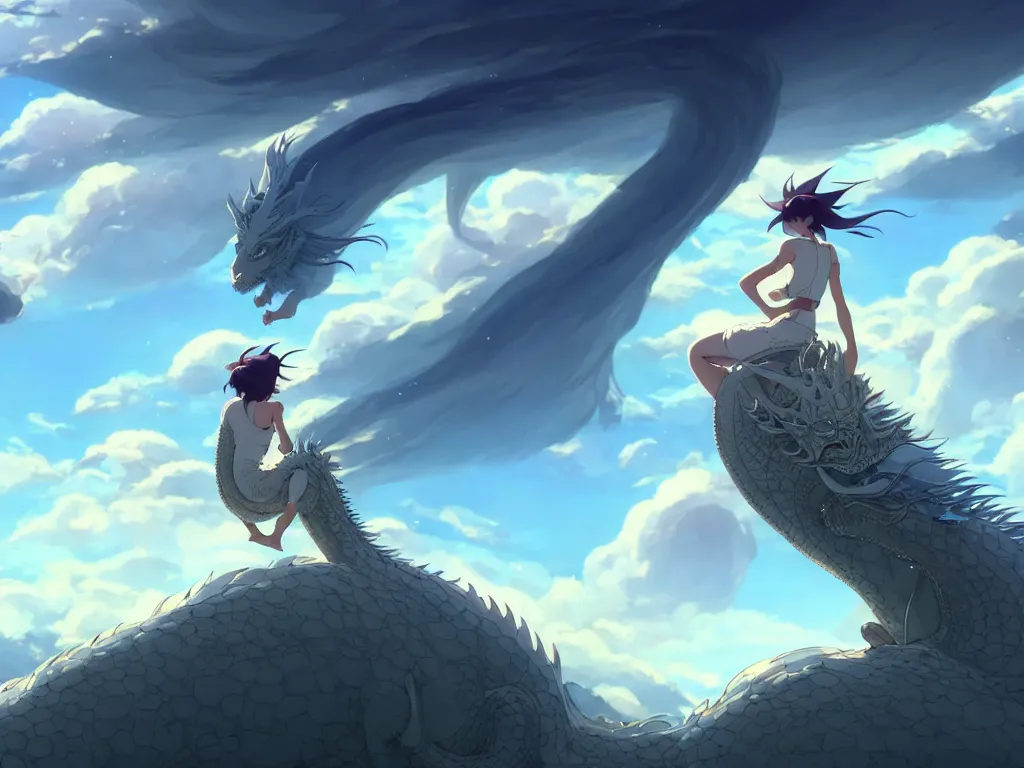 Image similar to a vast scene, panorama distant view, hyper detailed scene render of a beautiful girl sit on a huge silver dragon back, in the white clouds fairyland, animation portrait concept art, style of makoto shinkai, xision, james jean and peter mohrbacher, studio ghibli, artgerm, karol bak, beeple, 4 k hd, animation style