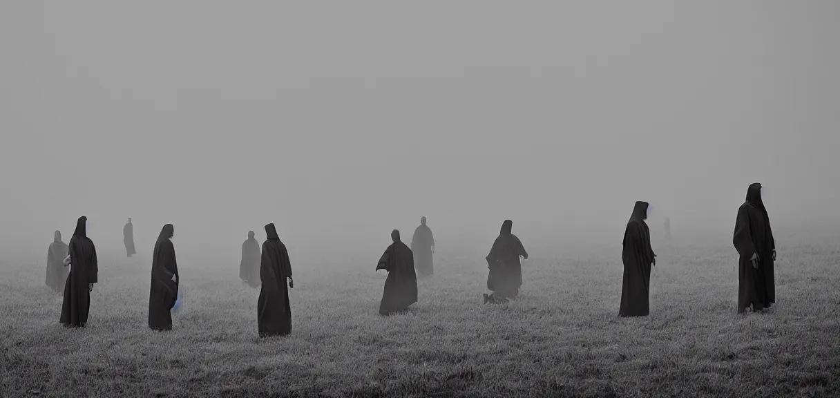 Image similar to Long Shot (LS) vintage black and white photo group of people dressing in white robes wearing white masks standing in the field, cinematic lighting, cinematic composition, cinematic atmosphere, misty foggy. Vogue photography Sigma 150-600mm f/5-6.3 lens, still winning photograph from a thriller movie.