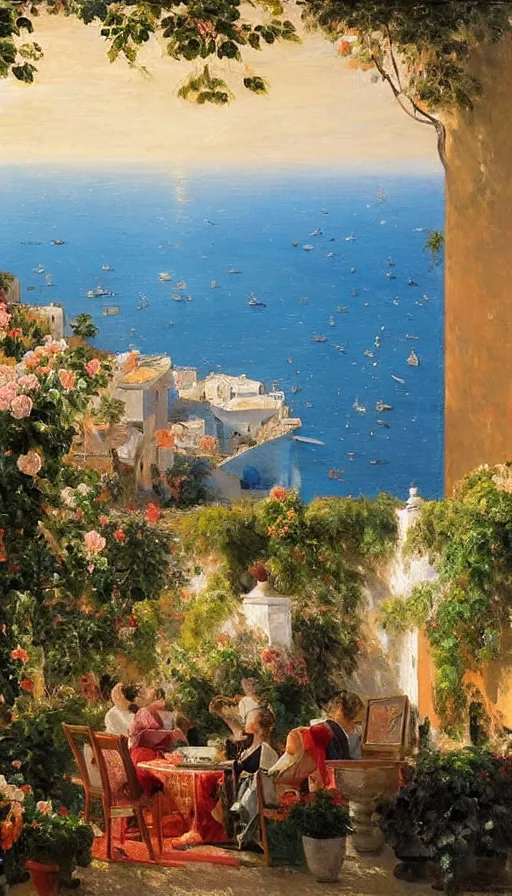 Prompt: still-life painting of garden-terrace party overlooking the Amalfi Coast, by Peder Krøyer, golden hour, dramatic lighting, volumetric lighting, intricately detailed, canvas print