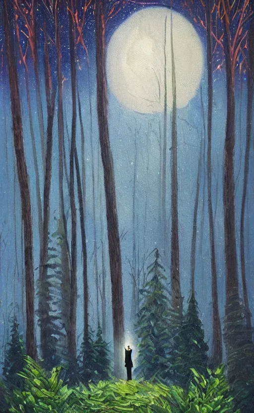 Prompt: a colorful realistic oil painting of a moonlit lush dense spruce forest crossed with a city at night with a business man standing by a bonfire, trees with lots of leaves, city, there's a business man in a suit near the fire with his back turned away from the viewer, curved trees, the top of the trees have morphed into art deco skyscrapers pointing at the moon, new york skyscrapers in the night sky with lights in the windows, the painting has cold blues at the top and warm orange colors at the bottom, a cross between lush spruce trees and a city, colorful orange and blue gradient, bright orange camp fire, worm's eye view of a brutalist metropolis, city buildings on top of trees, fish eye lens, worm's eye view, brutalist office buildings