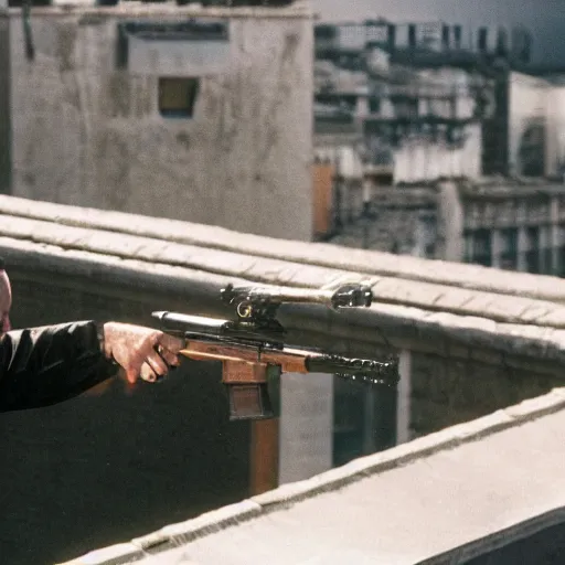 Image similar to film still of mike ehrmantraut aiming with a sniper rifle on a rooftop, 4 k, highly detailed