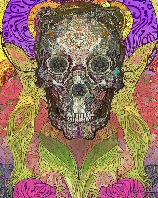 Image similar to Tiger skull art surrounded by varities of flowers, cell shading, voronoi, fibonacci sequence, sacred geometry by Alphonse Mucha, Moebius, hiroshi yoshida, Art Nouveau, colorful, ultradetailed, vivid colour, 3d