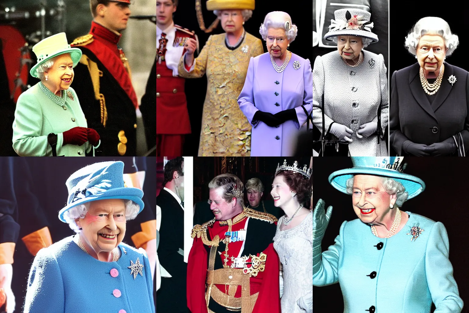 Prompt: Queen Elizabeth II performs at punk rock show
