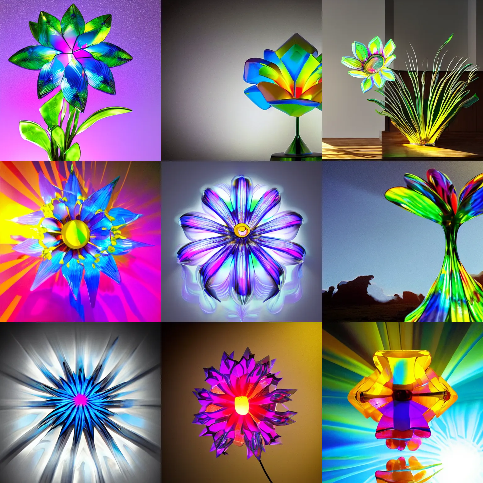 Prompt: exotic surreal living glass prism flower by chris wood, sunbeams, spotlight shining through, featured on behance